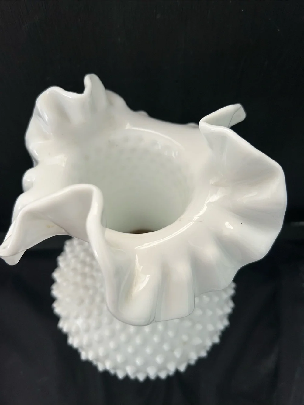 Fenton White Milk glass Hobnail Ruffled Crimped Top Vase
